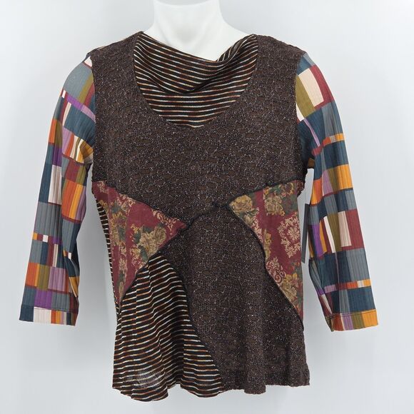 Ali Miles Mixed Media Patch Knit Tunic Sweater Top Womens Large Boho Patchwork - Picture 2 of 9